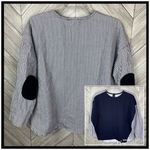 Blue and white stripe shirt with elbow patch detail Medium